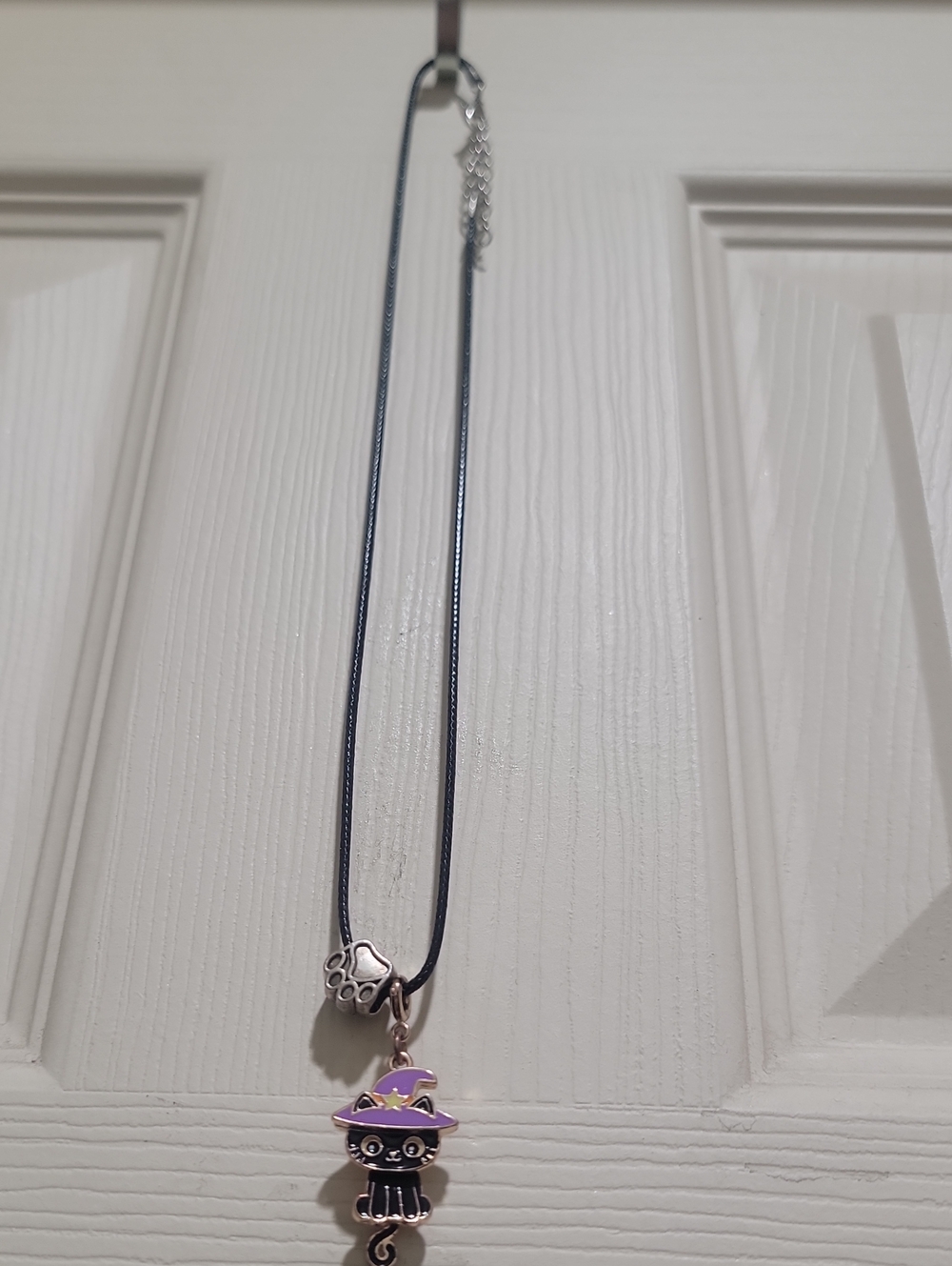 Black Cord Necklace with Purple Cat Witch Pendant